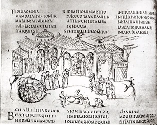 Varias escenas ilustrando un salmo, del Salterio de Utrecht, copia del original de Reims ahora en la Biblioteca de la Universidad de Utrecht