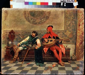 Guerrero borracho y bufón de la corte. Pintura de Casimiro Tomba (1857-1929). Óleo sobre lienzo, 37 x 47 cm. Arte italiano del siglo XIX. Museo de Arte M. Kroshitsky, Sebastopol.
