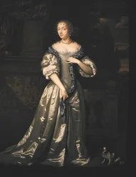 Retrato de Lady Philippa Stanton y su perro de pie en una terraza junto a un friso esculpido