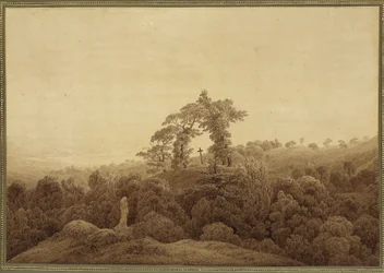 Paisaje costero con una cruz y una estatua