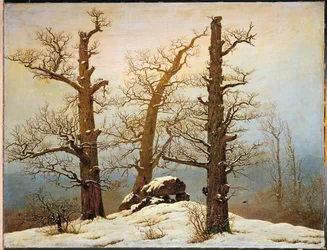 Cairn megalítico en la nieve (óleo sobre lienzo)