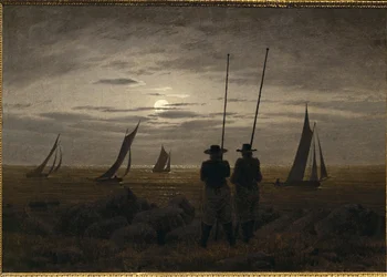 Noche de luna en la playa, con pescadores