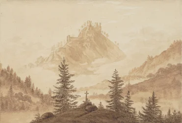 Paisaje montañoso con niebla en el valle, ca 1805