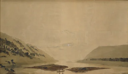 Paisaje montañoso con río en la mañana, 1830-35
