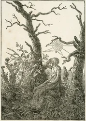Mujer con tela de araña entre árboles desnudos