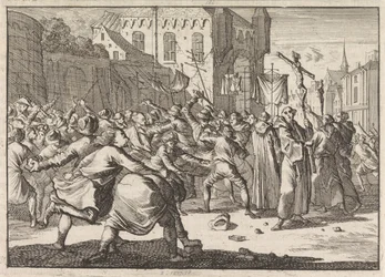 En Danzig, una procesión es recibida por el pueblo con escalones de piedra, 1678