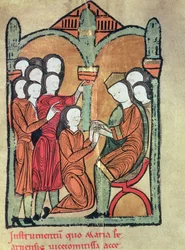 La condesa de Bearn jura homenaje a Alfonso II de Aragón, prometiendo no casarse sin su consentimiento, del manuscrito conocido como "Liber Feudorum Maior" (vitela)