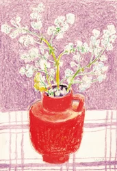Jarrón rojo con flores de colores vivos