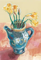 Narcisos en una tetera azul