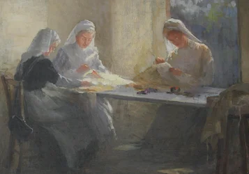 Depósito de suministros del hospital de guerra de Kensington (Kensington Square), tres enfermeras sentadas en una mesa cosiendo, c.1916