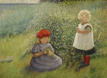 Dos niñas recogiendo flores (óleo sobre lienzo)