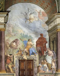 Lorenzo el Magnífico hablando con la Prudencia, fresco por Francesco Montelatici conocido como Cecco Bravo (1607-1661), Museo de Plata, Palacio Pitti, Florencia, Italia