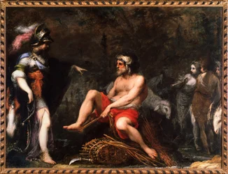Herminie aparece a los pastores vestida con la armadura de Clorinda, escena de Jerusalén Liberada