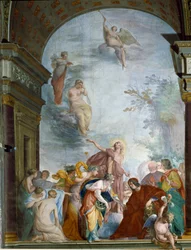 La Renommee celebra los logros de Lorenzo de Medici il Magnifico (Lorenzo de Medici el Magnífico) (1449-1492) Fresco de Cecco Bravo (Francesco Montelatici) (1607-1661) alrededor de 1635 Florencia, Palazzo Pitti, Sala degli Argenti