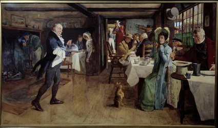 Desayuno en la posada. Pintura de Cecil Aldin (1870 - 1935)