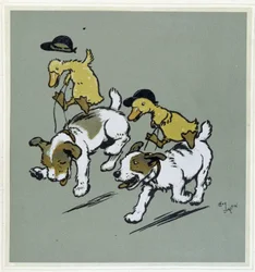 Pato haciendo “equitación” sobre perros - en “Merry Party”, il. por Cécil Aldin, ed. Hodder & Stoughton, Londres