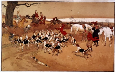 Escena de caza; disparo. Grabado de Cecil Aldin (1870 -?), Inglaterra. Colección privada