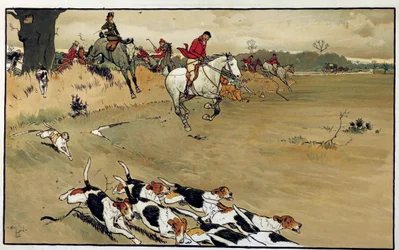 Escena de caza, la jauría de perros ladra después del juego