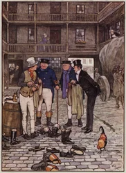 Ilustración para Los papeles póstumos del Club Pickwick por Cecil Aldin (litografía en color)