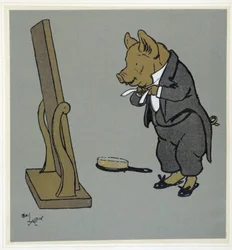 Cerdo acicalándose, ajustando su nudo de corbata frente a un espejo - en “Fiesta alegre”, ilustrado por Cecil Aldin, ed. Hodder & Stoughton, Londres