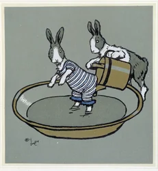 Conejos tomando un baño - en "Merry Party", ilustrado por Cecil Aldin, ed. Hodder & Stoughton, Londres