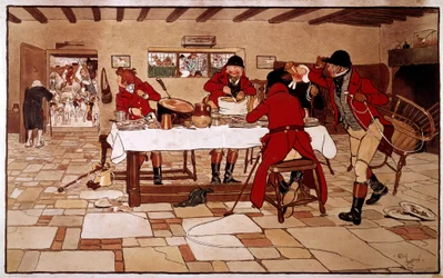 El refrigerio de las tres palomas. Los cazadores cocinan y comen rápidamente antes de salir a cazar. Grabado de Cecil Aldin, Inglaterra. Colección Deal