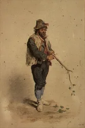 Campesino italiano cortando un palo