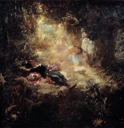 Un rayo de sol. Jóvenes dormidos en un claro. Pintura de Celestin Nanteuil (1813-1873)