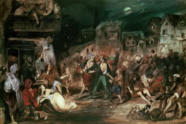 Gringoire en la Corte de los Milagros, ilustración del capítulo VI de «Nuestra Señora de París» de Victor Hugo (1802-85), 1835