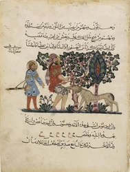 Médico griego Erasístrato con un asistente, folio de una traducción árabe de la Materia Medica de Dioscórides