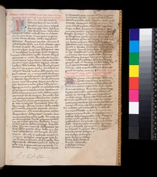 Ms 148. Gregorio el Grande, Diálogos en traducción italiana de Domenico Cavalca, f.1r Letras decoradas [P] y [D] en rojo con decoración de pluma en azul