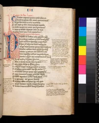 Ms 325. Lucano, Bellum Civile, y otras obras, f.35r. Inicial partida [P] en rojo y azul con florecimiento de pluma contrastante, c.1353 (pergamino)