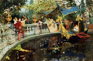 La partida cesare. Entretenimiento en la corte de inglaterra: paseo en barca por una dársena. Pintura de Agostino Detti (1847-1914 Italiano) Colección particular
