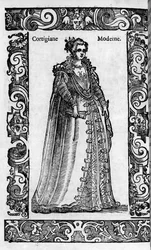 Renacimiento: una cortesana romana en el siglo XVI. Grabado de “Trajes Modernos y Antiguos” de Cesare Vecellio