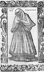 Renacimiento: una cortesana en la época del Papa Pío V (1566-1572). Grabado de “Trajes Modernos y Antiguos” de Cesare Vecellio