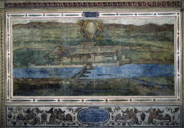 Vista de la ciudad de Innsbruck, Austria. Vista de las ciudades del Imperio de los Habsburgo. Fresco del Patio de Michelozzo en el Palazzo Vecchio de Florencia. Pintura de Sebastiano Veronese Giovanni Lombardi, Cesare Baglioni y Turino da Piamonte, hacia 1