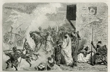 Un niño llevado en triunfo al regreso de la ceremonia de circuncisión, en medio de la multitud que dispara al aire, mientras grita y disfruta, grabado por C.Biseo para ilustrar la historia Le Maroc por Edmondo de Amicis, en