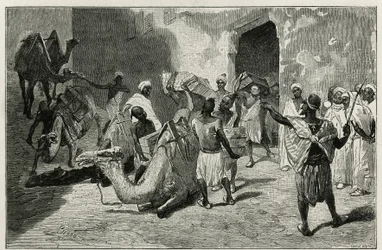 La carga de camellos de la caravana del autor de la historia, Atanger, grabado por Biseo, para ilustrar la historia Le Maroc por Edmondo de Amicis, en 1875, publicado en Le tour du monde, bajo la dirección de Edouard Charton