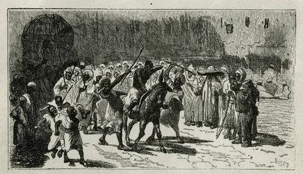 El castigo de un ladrón, subido en una mula, recibe bastonazos bajo los abucheos de la multitud, grabado por C.Biseo, para ilustrar la historia Le Maroc por Edmondo de Amicis, en 1875, publicado en Le tour du monde, bajo la dirección de Edouard Charton