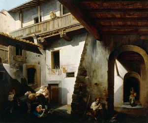 Interior de una posada con campesinos, por Cesare Coghetti (activo 1850-1899)