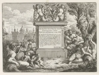 Dedicatoria y arma de Agostino Chigi y vista de Roma Fontane di Roma (título de la serie) Fuentes de Roma (título de la serie)