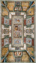Pier Maria Rossi teniendo el honor de la Orden de San Miguel, Vista del techo de la Sala delle Gesta Rossiane, Rocca dei Rossi, San Secondo, Parma, Italia, c.1570 (fresco)