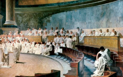Cicerón desenmascara a Catilina el 8 de noviembre del 63 a.C., La escena se desarrolla en Roma en el senado, fresco realizado entre 1882 y 1888 por Cesare Maccari