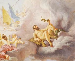 (Detalle) de Alegoría de Italia, fresco de Cesare Mariani (1826-1901), techo, Sala de la Mayoría, Palazzo delle Finanze (Palacio de Finanzas), Roma, Italia