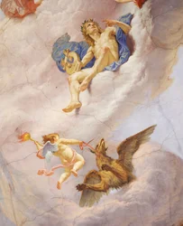 (Detalle) de Alegoría de Italia, fresco de Cesare Mariani (1826-1901), techo, Sala de la Mayoría, Palazzo delle Finanze (Palacio de Finanzas), Roma, Italia