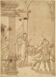 Dos figuras luchando ante un rey