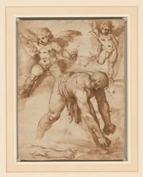 Estudios de una figura inclinada, dos putti y un brazo (recto); Descanso en la huida a Egipto (verso)