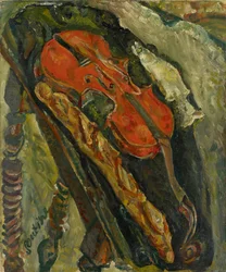 Naturaleza muerta con violín, pan y pescado