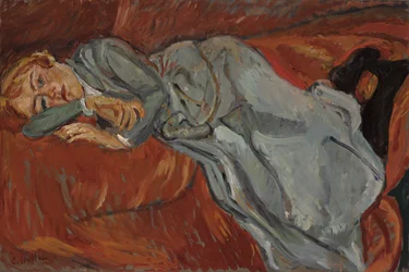 Mujer acostada en un sofá rojo, c.1916