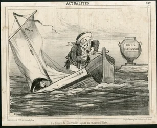 Ilustración de Cham (1819-1879) en Le Charivari, circa 1850 - El Príncipe de Joinville con un mal piloto - Elecciones, Presidente de la República, Marina Marítima Náutica Balnearia - Thiers Adolphe, François d